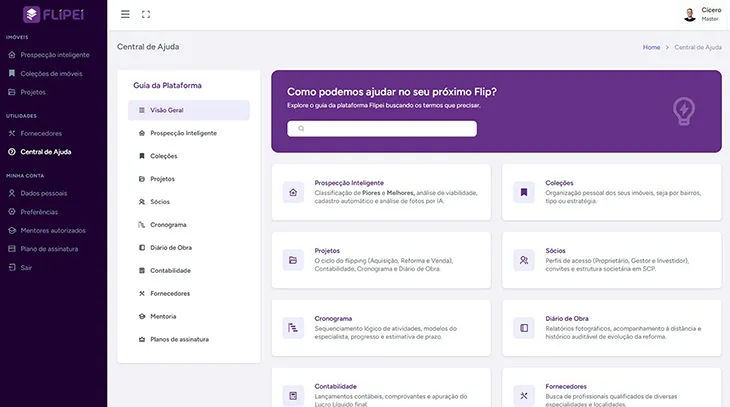 Print da tela da Central de Ajuda no FLIPEI