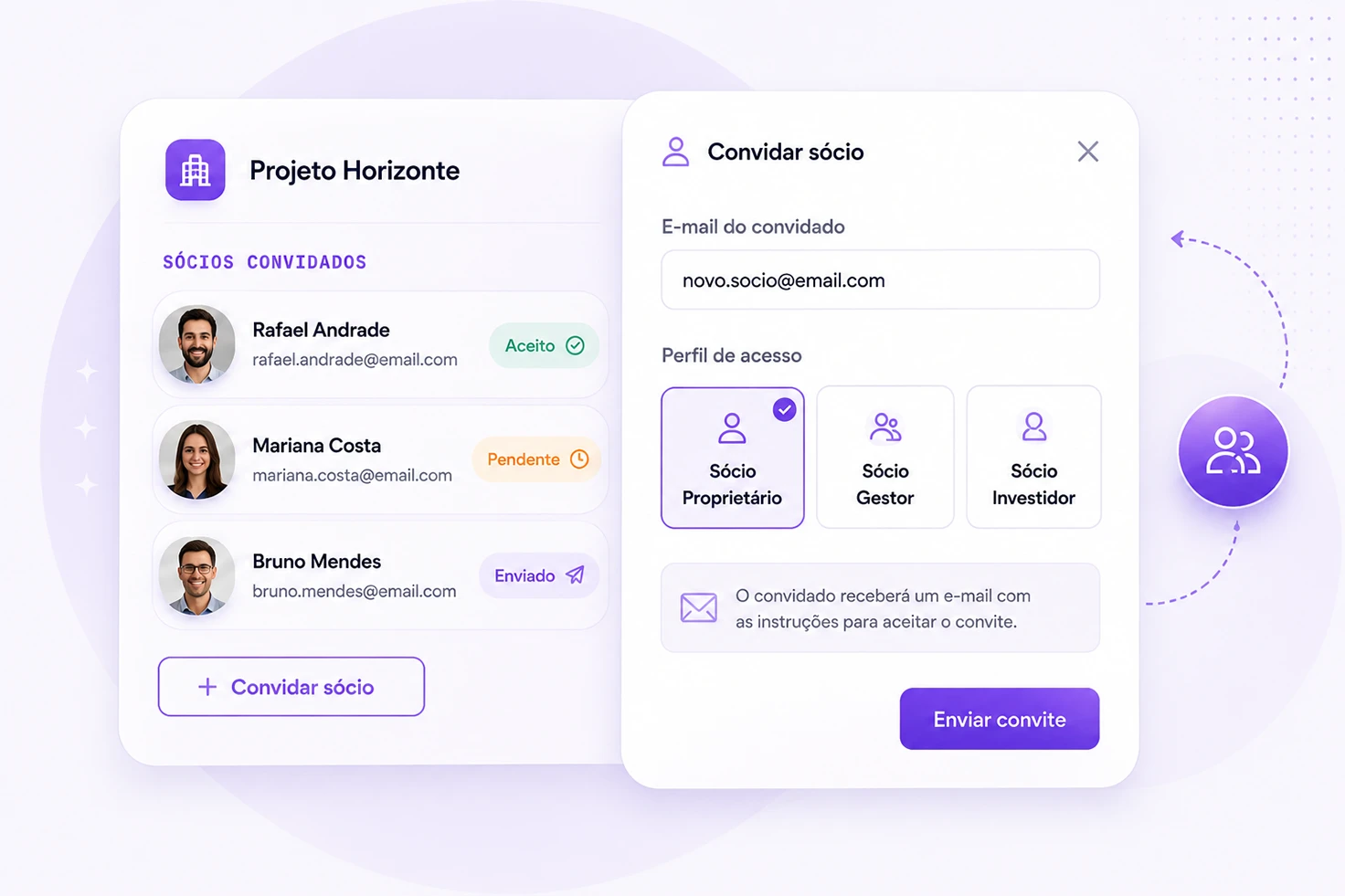 Tela de convite de sócios do projeto na plataforma FLIPEI